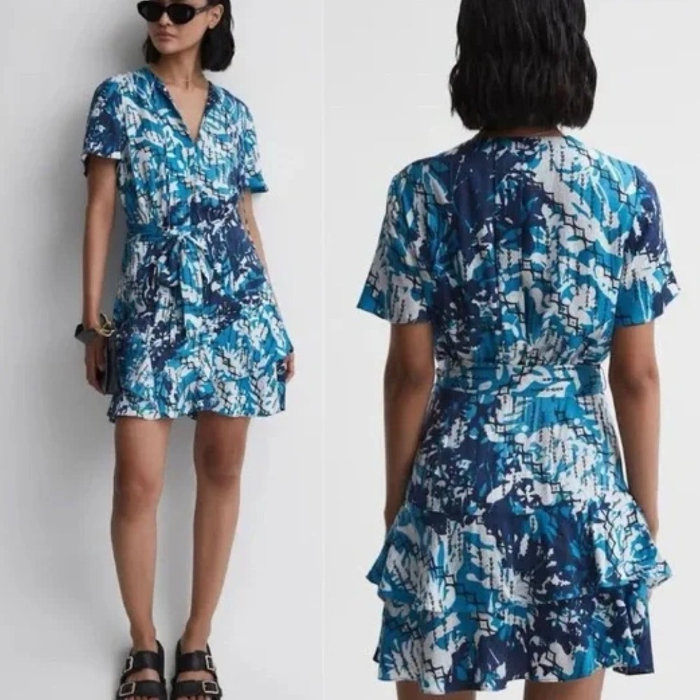 Reiss Blue Ditsy Print Mini Dress Size 4 Posey Floral Ruffle Summer